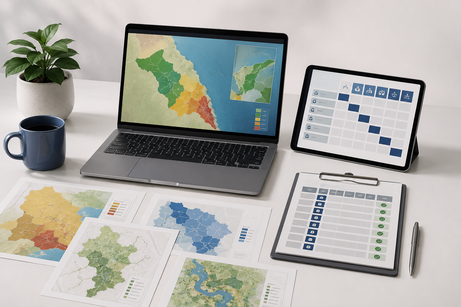 Mockup do kit digital GeoTCC Pro em computador, tablet e materiais impressos